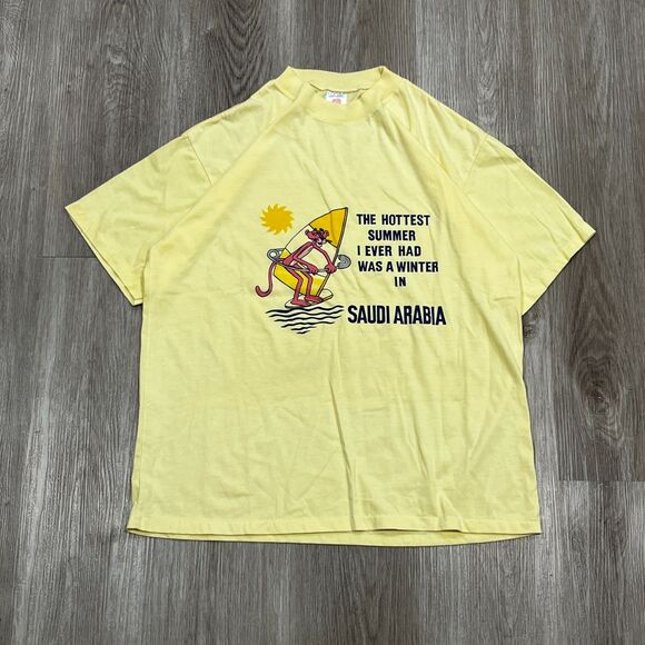 Vintage 80s Pink Panther Saudi Arabia Graphic Tee T-Shirt Men's Size L Yellow - Picture 1 of 6
